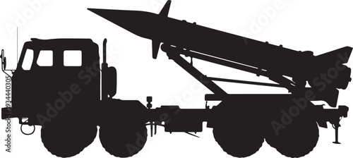 Vector black silhouette military missile launcher truck side view Flat design, Military Rocket Launcher Truck Silhouette Vector Illustration