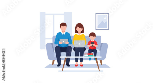 Modern vector illustration of family sitting together but each using separate devices. Digital isolation and communication breakdown concept in modern parenting lifestyle