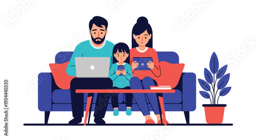 Modern vector illustration of family sitting together but each using separate devices. Digital isolation and communication breakdown concept in modern parenting lifestyle