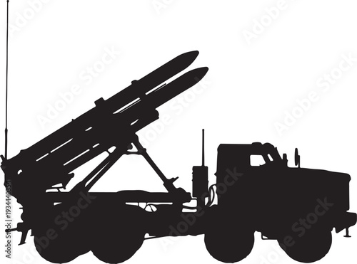 Vector black silhouette military missile launcher truck side view Flat design, Military Rocket Launcher Truck Silhouette Vector Illustration
