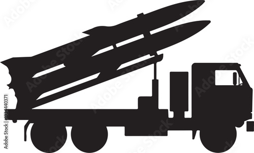 Vector black silhouette military missile launcher truck side view Flat design, Military Rocket Launcher Truck Silhouette Vector Illustration