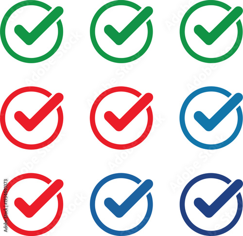 Color-coded checkmarks in circular icons with green, red, and blue accents Vector