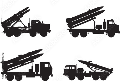 Military missile launcher truck vector silhouette set. Military Rocket Launcher Truck Silhouette Set Vector