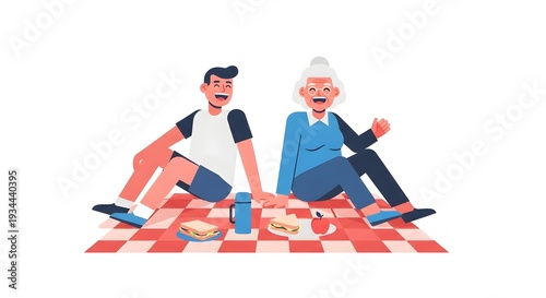 Grandson and Grandmother Enjoying a Picnic Together on a Checkered Blanket.