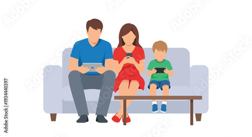 Modern vector illustration of family sitting together but each using separate devices. Digital isolation and communication breakdown concept in modern parenting lifestyle