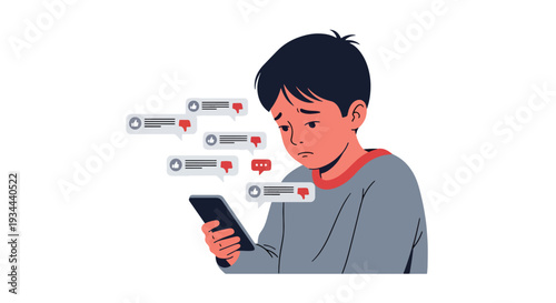 Modern vector illustration of child feeling anxious after negative comments on phone. Cyberbullying and social media pressure concept affecting youth mental health