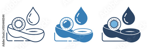 Contact Lens and Water Drop Icon Set, Eye Care, Vision Correction, Contact Lens Hygiene, and Daily Lens Use Vector Illustration