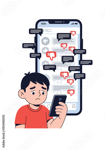Modern vector illustration of child feeling anxious after negative comments on phone. Cyberbullying and social media pressure concept affecting youth mental health