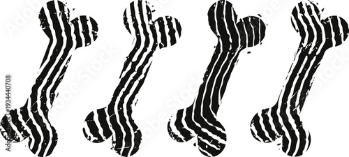 Four stylized black and white bone shapes with wavy striped patterns in sequence