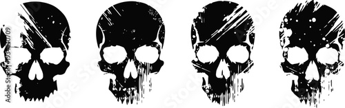 Set of four black and white distressed skull illustrations with grunge texture