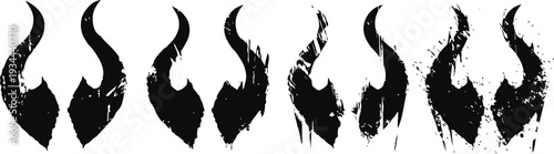 black flame silhouettes set with distressed texture burning fire icons in various grunge styles