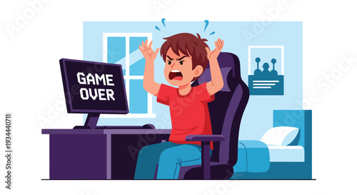Modern vector illustration of child frustrated after losing online game. Emotional impact of gaming addiction and screen dependency concept for youth mental wellbeing