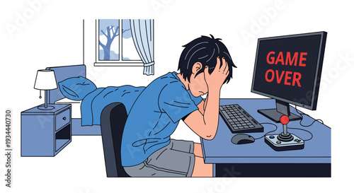 Modern vector illustration of child frustrated after losing online game. Emotional impact of gaming addiction and screen dependency concept for youth mental wellbeing