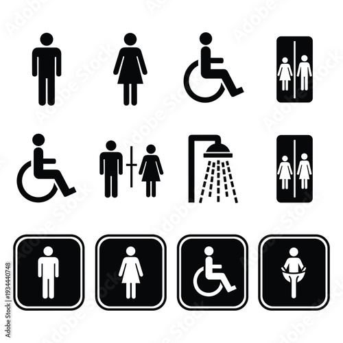 Set of public icons for men, women, disabled, shower and toilet