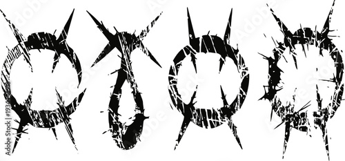 Grungy spiked circular frames set with scratched texture edgy distressed design elements in black and white