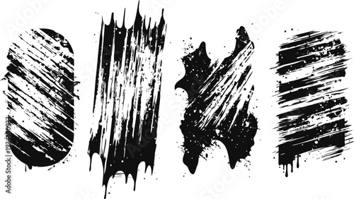 Grunge black paint brush strokes set in various shapes and sizes on white background