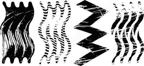 abstract black and white distorted wave and zigzag shapes pattern minimalist geometric design with dynamic flowing lines and sharp angles
