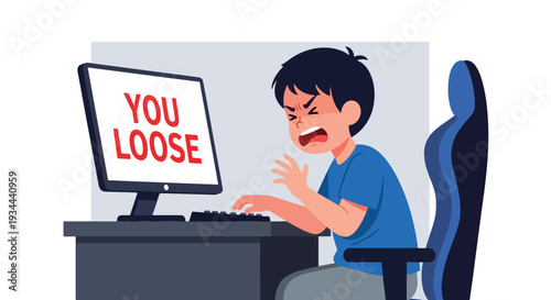Modern vector illustration of child frustrated after losing online game. Emotional impact of gaming addiction and screen dependency concept for youth mental wellbeing