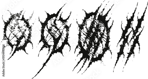 Grunge claw scratch marks with textured black ink isolated on white background