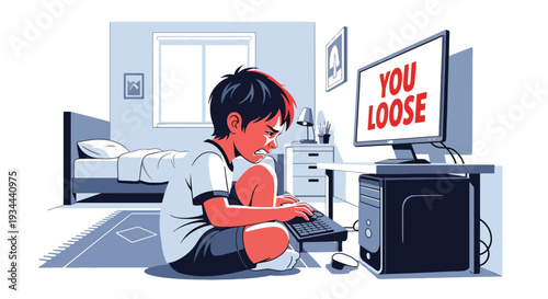 Modern vector illustration of child frustrated after losing online game. Emotional impact of gaming addiction and screen dependency concept for youth mental wellbeing