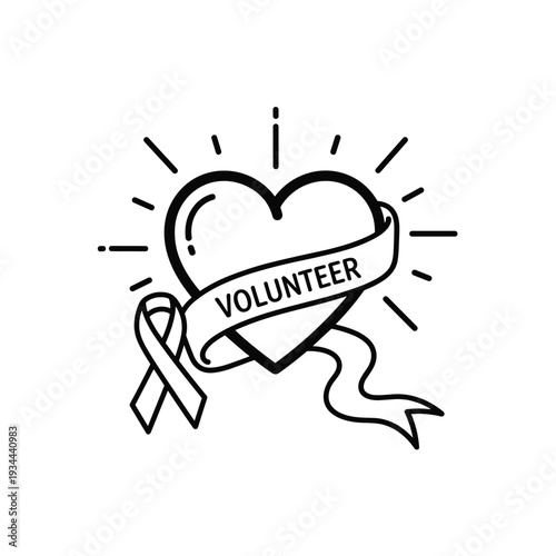 Heart with ribbon and the word volunteer, symbolizing charity and support