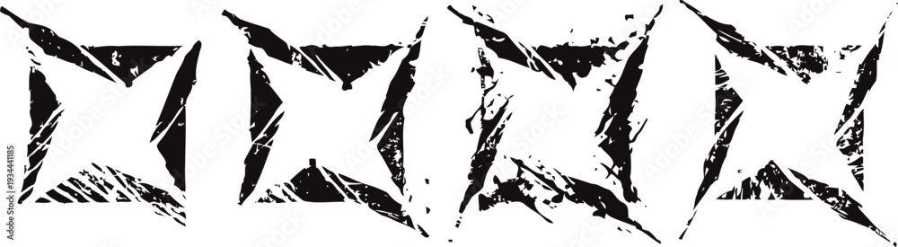 Obraz premium Abstract grunge star shapes with rough brush strokes in black and white, artistic geometric design elements