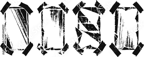 grunge distressed frames made of black duct tape strips on white background