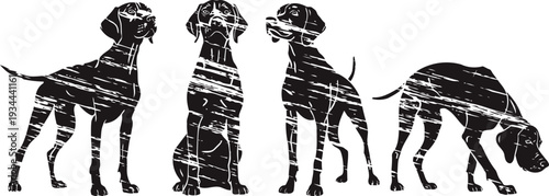four black dog silhouettes in various poses isolated on white background