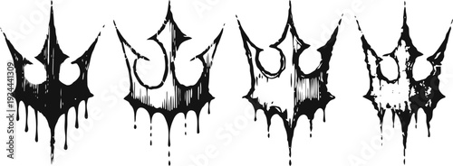 Set of four gothic dripping crowns dark royalty symbols, grunge style, horror and fantasy themed designs
