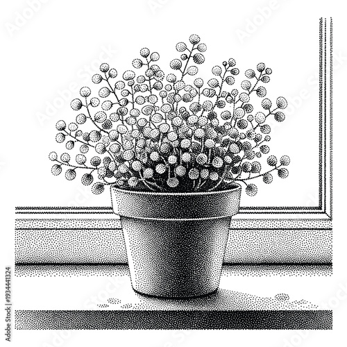 Stippled illustration of a string of pearls plant in a pot on a windowsill