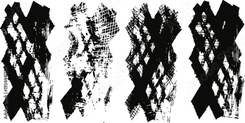 Grunge diamond pattern textures set black distressed argyle backgrounds with worn ink splatter and noise effects