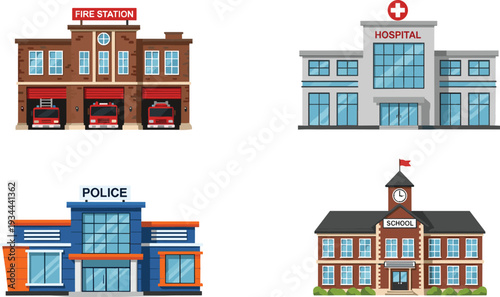 Public service buildings fire station hospital police and school vector set