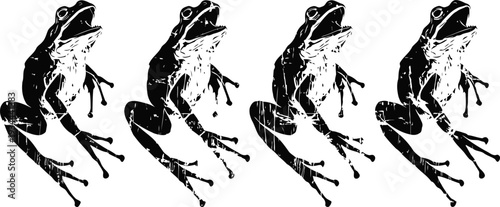 Black watercolor frog illustrations four jumping amphibians in dynamic poses nature animal ink drawings