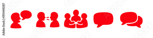 Red communication icons set featuring speech bubbles and person silhouettes for dialogue, teamwork, and social interaction on a white background.