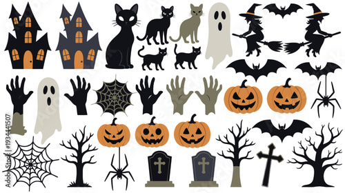 Halloween holiday set with spooky houses, cats, ghosts and pumpkins
