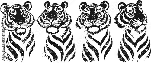Four stylized tiger head silhouettes with artistic stripes in black and white design
