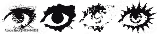 Black ink artistic eyes set with splatter and brushstroke design, abstract expressive eye illustrations