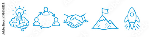 Business process doodle icons set. Blue hand-drawn sketches representing idea, teamwork, agreement, goal achievement, and startup launch.