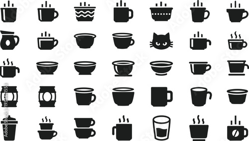 Coffee cup and mug silhouette icon set featuring hot drink, espresso, latte and tea containers isolated on white background for cafe menu design