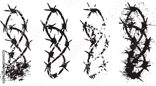 grunge barbed wire isolated on white background four different distressed sharp thorn coil fence designs