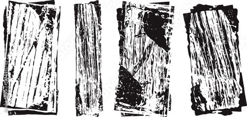 four rustic wooden planks with weathered texture and rough grain patterns isolated on white