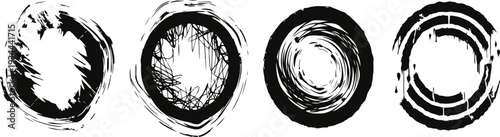 Grunge circular frames set rough textured round borders with distressed ink effect vintage sketch decorations
