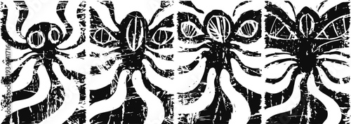 Stylized black and white octopus design repetitive sea creature pattern with tentacles and eyes nautical and marine art concept