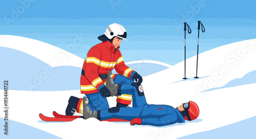 Ski Patrol Rescuer Assists Injured Skier on Snowy Slope.