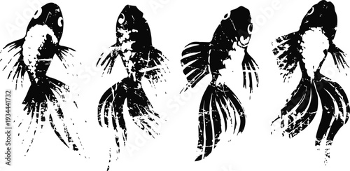 Grunge black koi fish silhouettes set japanese pond carp swim in water hand drawn ink vector art