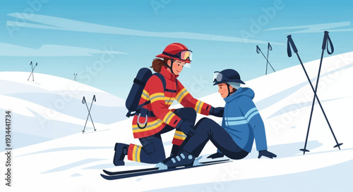 Ski rescuer helps injured skier on snowy mountain slope.