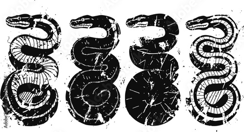 Black grunge snake illustrations four distressed reptile designs in coiled poses vintage tattoo style, textured silhouettes
