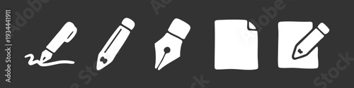 White hand-drawn style icons of a pen, pencil, fountain pen nib, and paper on a dark background. Vector set for writing, drawing, and editing.