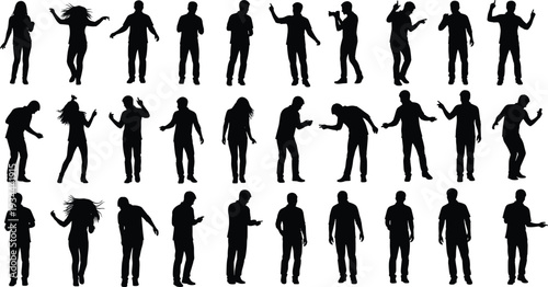 Dancing people silhouette collection featuring men and women in dynamic party poses isolated on white background for music, nightclub and entertainment design