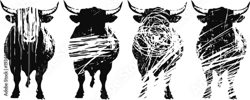 Abstract bull silhouettes with distressed wood texture in black and white, rustic animal design set